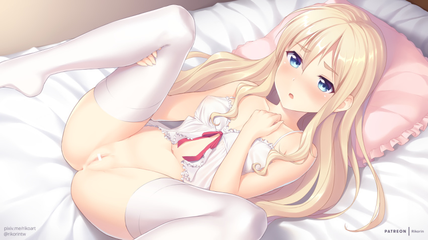 artist_name babydoll bar_censor bed bed_sheet blonde_hair blue_eyes blush bow bow_panties breasts censored eyebrows_visible_through_hair female frills lingerie long_hair looking_at_viewer lying navel no_shoes on_back open_mouth original panties pillow pussy rikorin small_breasts solo spread_legs thighhighs twitter_username underwear underwear_only watermark web_address white_babydoll white_legwear