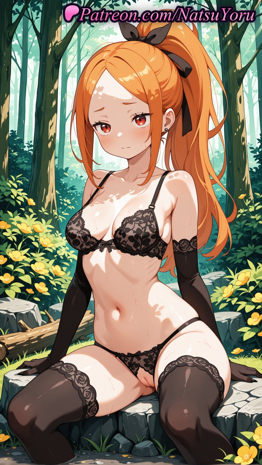 1girls 2025 ai_assisted ai_generated anime anime_style ass_visible_through_thighs bare_shoulders black_bra black_gloves black_panties black_ribbon black_thighhighs blush bow bow_bra bra breasts bust busty cleft_of_venus closed_mouth collarbone crotchless crotchless_panties day earrings elbow_gloves female female_focus female_only flower forehead forest gloves hair_ribbon hairbow hi_res high_ponytail high_quality high_resolution highres jewelry lace lace-trimmed_bra lace_bra lace_panties lace_trim lingerie long_hair looking_at_viewer medium_breasts natsuyoru nature navel orange_hair outdoors panties pantsu parted_bangs patreon ponytail priscilla_barielle pussy re:zero_kara_hajimeru_isekai_seikatsu red_eyes red_hair ribbon river rock sidelocks sitting sitting_on_rock soaking_feet solo solo_female stable_diffusion stomach string_bra sweat thighhighs thighs tree uncensored underwear underwear_only vagina voluptuous voluptuous_female water wet yellow_flower