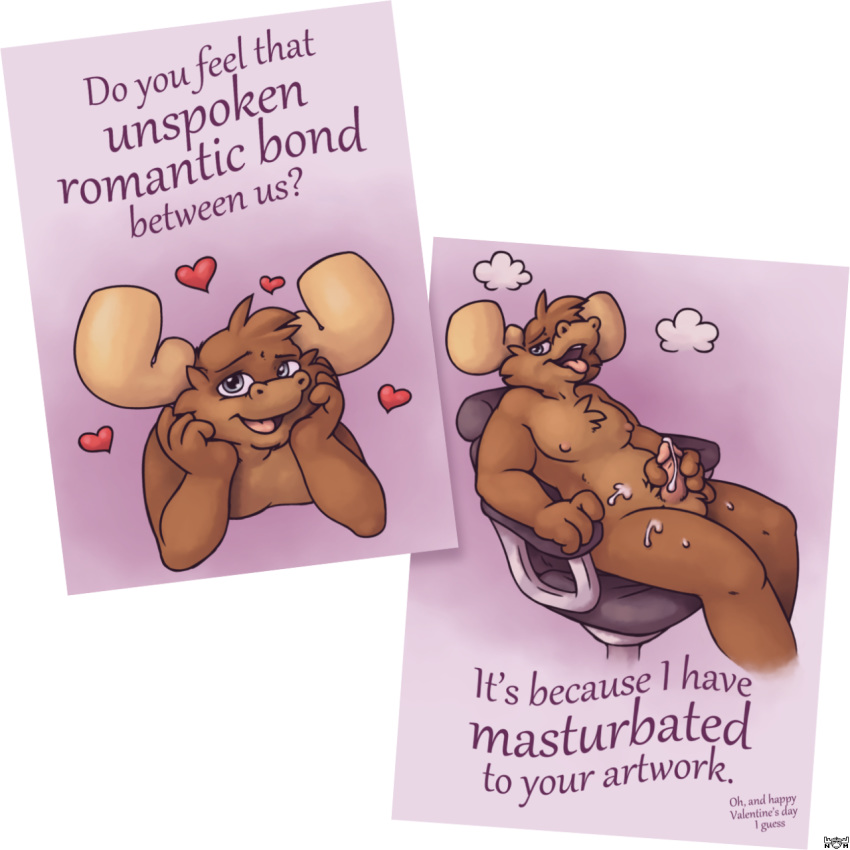 2018 anthro antlers card cervine cum english_text heart holidays horn looking_at_viewer male mammal masturbation moose nanimoose nanimoose_(character) nude open_mouth penis sitting teeth text valentine's_day