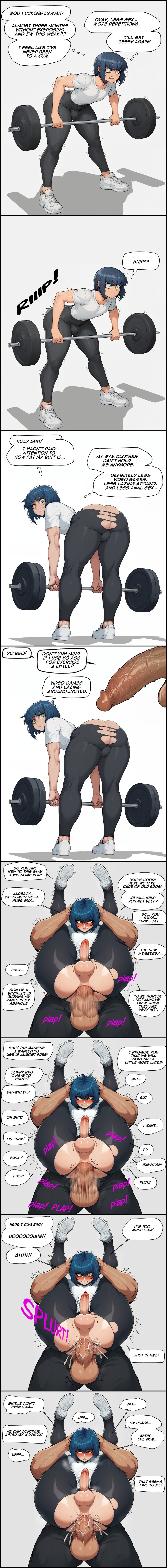 2boys ahe_gao ai_assisted ai_generated anal_sex ass ass_focus big_ass big_balls big_butt big_cock big_penis black_pants blue_hair blush blushed bob_cut cumshot exited fat_ass femboy full_nelson green_eyes gym_clothes gym_uniform hardcore_sex holding_head horny lifting muscles onomatopoeia ramita ramita_the_bro ripped_pants sex small_penis smaller_male text text_bubble thick_thighs training veins veiny_penis weightlifting white_background white_shirt yaoi