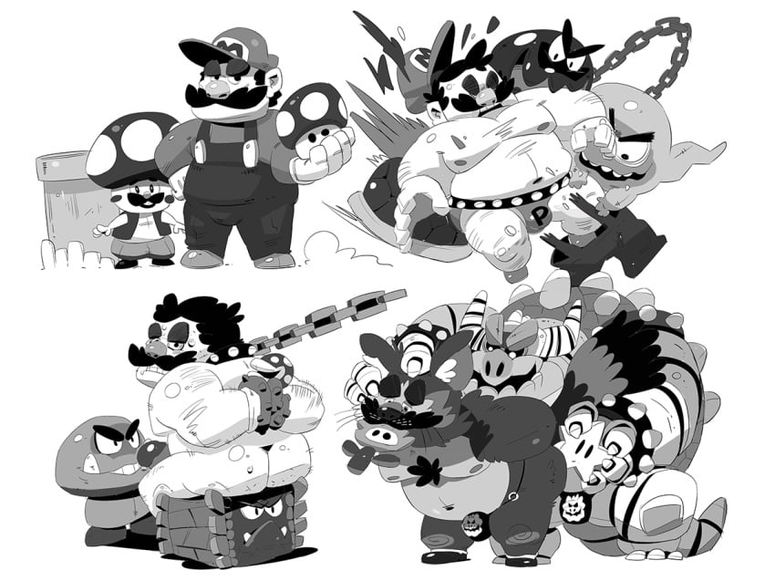 2018 amphibian anthro ass bent_over big_muscles bone boo_(mario) bowser bulge canine chain_chomp clothed clothing collar erection facial_hair fully_clothed galgard gay goomba hand_on_head hat human humanoid_penis male mammal mario mario_(series) monochrome moustache musclegut muscular muscular_male nintendo no_color penis sitting size_difference skeleton slightly_chubby super_mario_bros._3 tanooki_mario tanuki thong thwomp toad_(mario) vest video_games yaoi