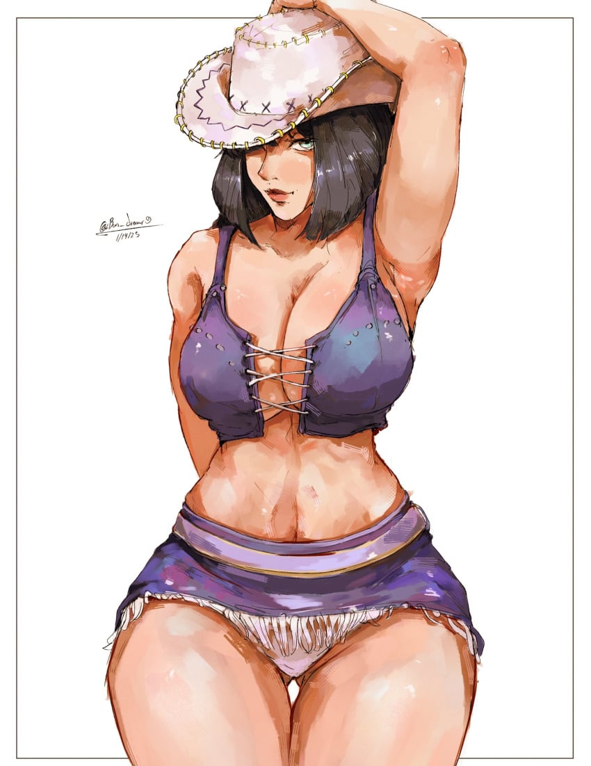 1girls alabasta armpits arms_up bangs bedroom_eyes big_breasts big_thighs bon_drawr cleavage clothed clothing cowboy_hat dark_hair female female_only looking_at_viewer miss_sunday nico_robin one_piece panties pantyshot pre_timeskip shounen_jump skirt skirt_lift skirt_up tan_body vest