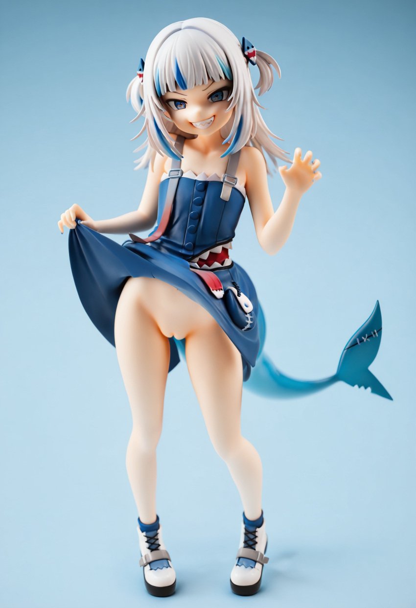 ai_generated buurazu dress dress_lift female figure figurine gawr_gura no_panties petite pose pussy shark_girl shark_tail sharp_teeth smug smug_face tight_pussy vtuber