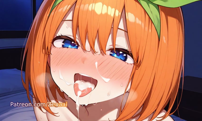 1girls after_fellatio ai_generated bangs bed bedroom blue_eyes blush cum cum_in_mouth cum_on_tongue facial female full-face_blush go-toubun_no_hanayome green_ribbons hair_ribbon looking_at_viewer nakano_yotsuba nipples open_mouth orange_hair patreon ribbon smile solo sweat tongue tongue_out wet zenaai