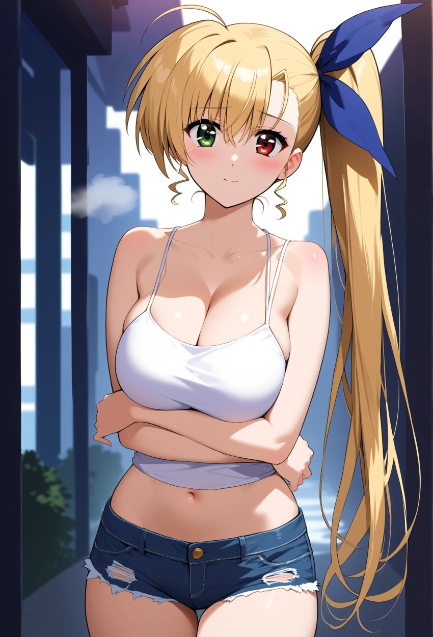 ahoge ai_generated bare bikini blonde_hair breasts camisole cleavage crop cutoffs denim hair heterochromia large long mahou_shoujo_lyrical_nanoha mahou_shoujo_lyrical_nanoha_strikers midriff ponytail ribbon short shorts shoulders side sling thighs top vivio