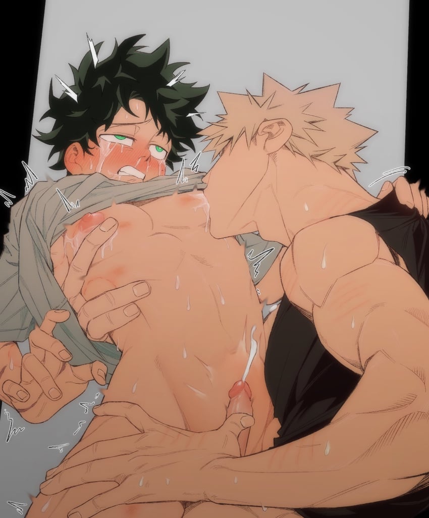 2boys abs anal bakugou_katsuki black_shirt blonde_hair blush boku_no_hero_academia crying cum curly_hair freckles glans green_eyes green_hair grey_shirt highres legs masturbation midoriya_izuku mucus multiple_boys nooantkun penis sex shaking shirt shounen_jump spiked_hair tears teeth toned toned_male yaoi