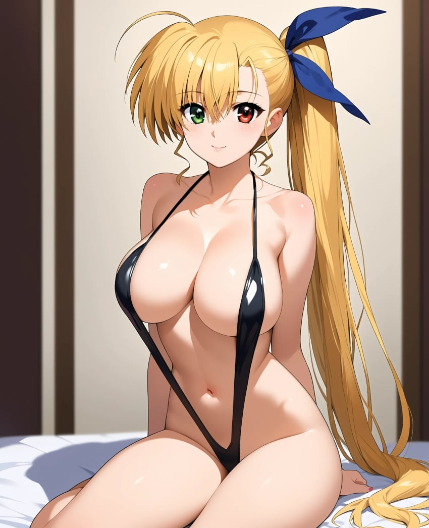 ahoge ai_generated bikini blonde_hair breasts hair heterochromia large long mahou_shoujo_lyrical_nanoha mahou_shoujo_lyrical_nanoha_strikers ponytail ribbon side sling sling_bikini thighs vivio