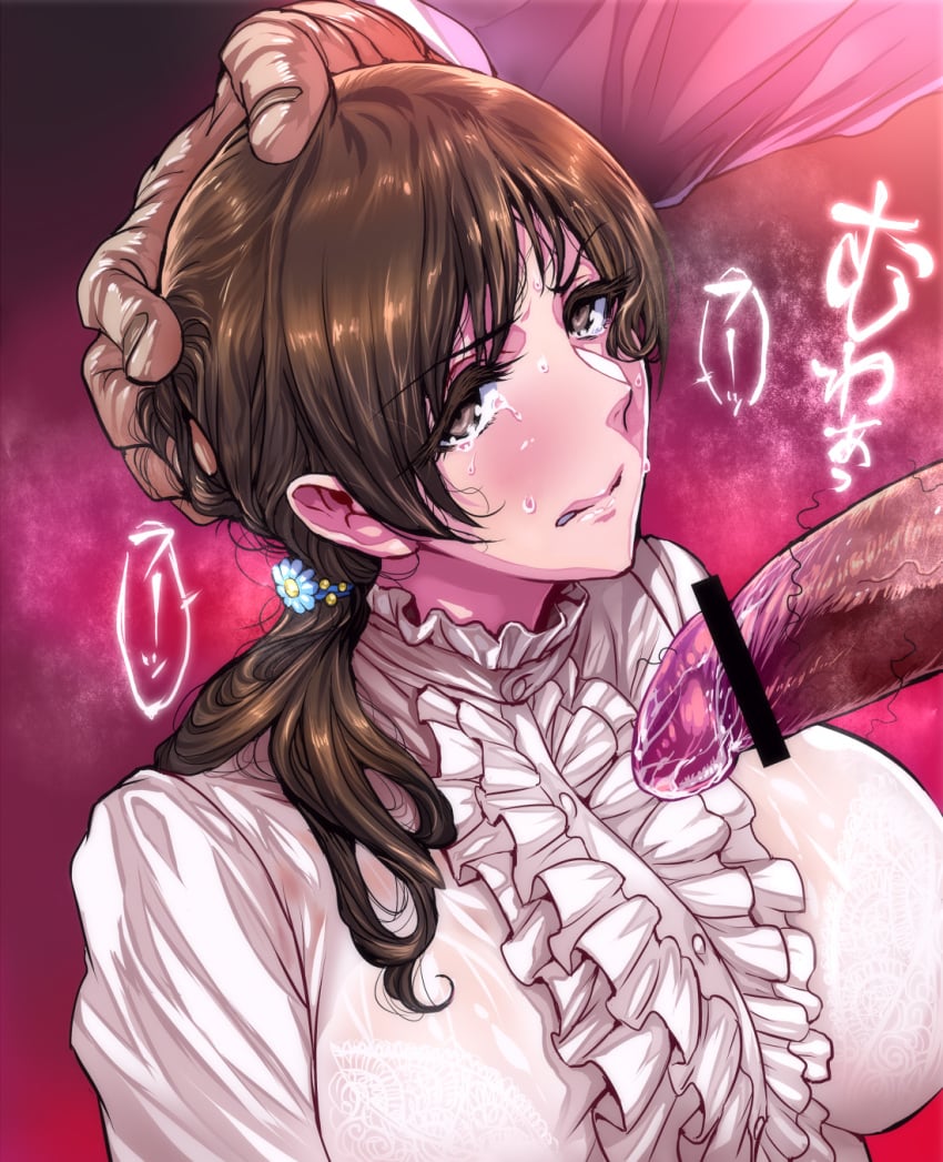 1boy bar_censor blouse bra breasts brown_eyes brown_hair censored dark-skinned_male face_rape female flower hair_flower hair_ornament hand_on_another's_head highres idolmaster idolmaster_cinderella_girls large_breasts long_hair nitta_minami penis rape ruffles see-through stray_pubic_hair tears underwear warainaku white_blouse white_shirt