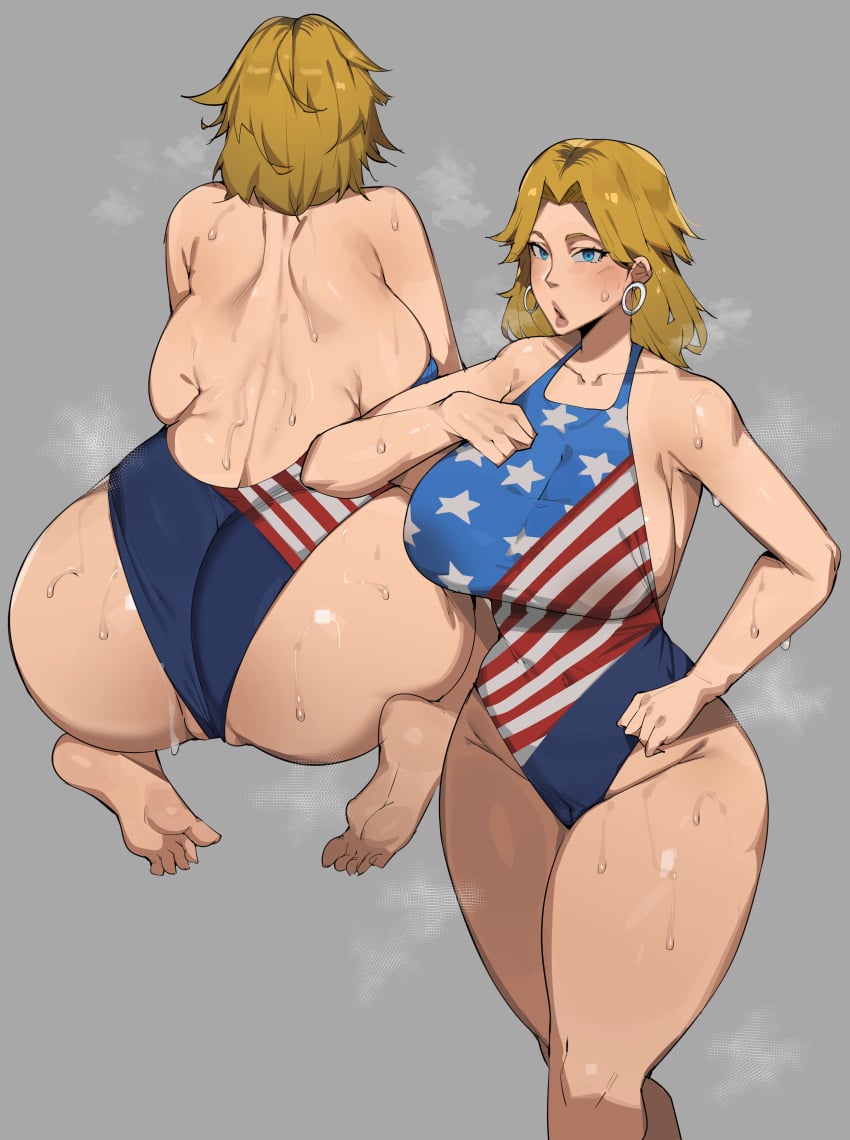 1female 1girls 2d american_flag_swimsuit big_ass big_breasts blonde_hair child_bearing_hips elijahzx female female_only fully_clothed grey_background invisible_woman invisible_woman_(marvel_rivals) light-skinned_female marvel marvel_comics marvel_rivals one-piece_swimsuit swimsuit swimwear