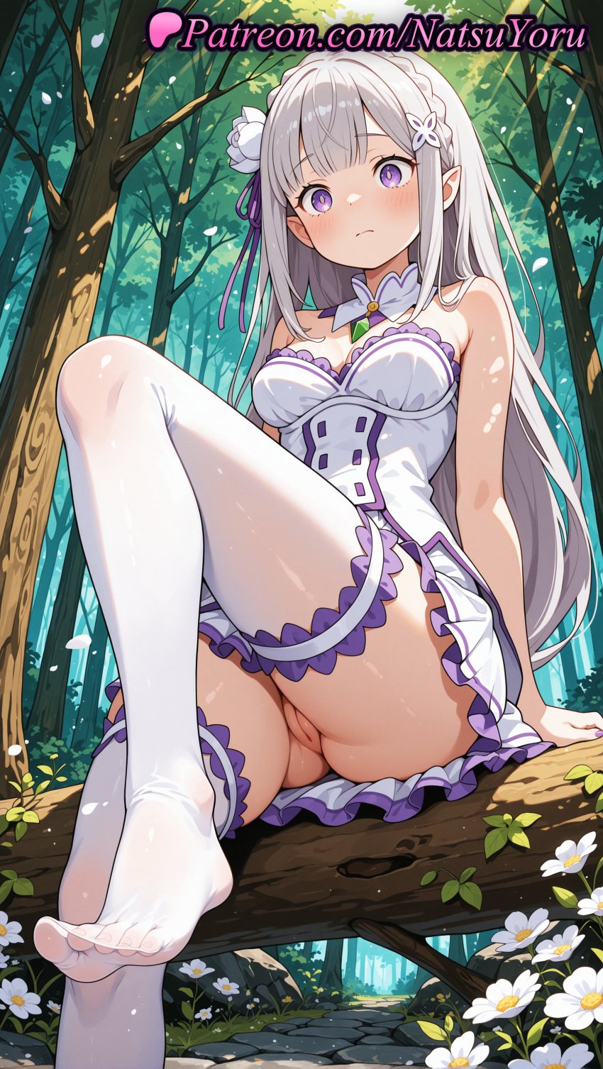 1girls 2025 ai ai_assisted ai_generated anime anime_style arm_support asian ass bangs bare_arms bare_shoulders blunt_bangs blush braid breasts bust busty cleavage cleft_of_venus closed_mouth crown_braid day detached_collar dress dress_lift elf elf_ears emilia_(re:zero) feet female female_focus female_only flower flowers foot_fetish foot_out_of_frame forest frills gem grey_hair hair_flower hair_ornament hair_ribbon hentai hi_res high_quality high_resolution highres juicy_butt knee_up leg_up legs long_hair looking_at_viewer medium_breasts natsuyoru nature no_panties no_shoes outdoors patreon pointed_ears pointy_ears purple_eyes purple_hair purple_ribbon pussy re:zero_kara_hajimeru_isekai_seikatsu ribbon rose silver_hair sitting soles solo solo_female stable_diffusion strapless strapless_dress thighhighs thighs toenails toes tree uncensored upskirt vagina very_long_hair voluptuous voluptuous_female white_dress white_flower white_hair white_legwear white_rose white_thighhighs x_hair_ornament