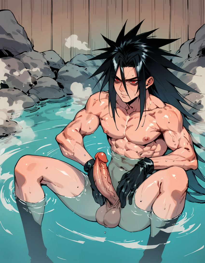 1boy abs ai_generated bara bathing black_gloves black_hair blush closed_mouth clothing colored_sclera completely_nude erection gloves hair_between_eyes high_resolution large_penis long_hair looking_at_viewer male male_focus male_masturbation male_only masturbation muscles muscular muscular_male naruto navel nipples nude onsen partially_submerged pectorals penis red_eyes red_sclera rock sitting solo spread_legs steam testicles thighs uchiha_madara uncensored veins veiny_penis water wet