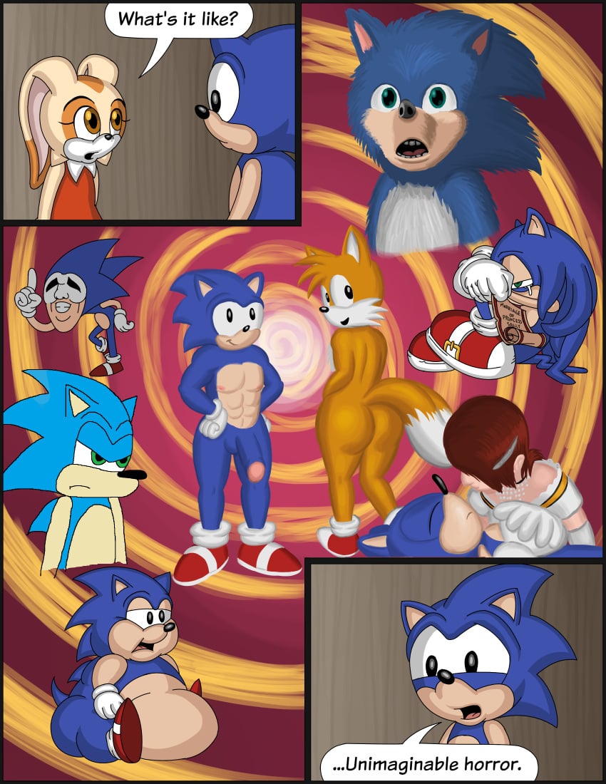 absurd_res black_border border canid canine comic cream_the_rabbit dialogue eulipotyphlan fox hedgehog hi_res human humor lagomorph leporid majin_sonic male_focus mammal omatic parody princess_elise princess_elise_the_third rabbit sega sonic_(series) sonic_2_xl sonic_the_hedgehog sonic_the_hedgehog_(satam) sonic_the_hedgehog_(series) tails text ugly_sonic