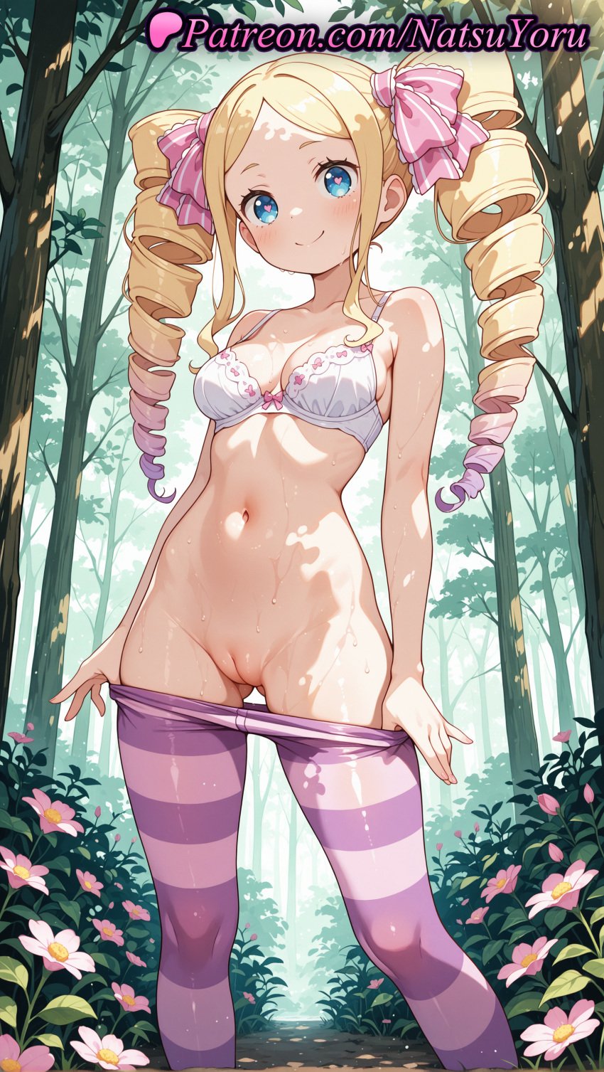 1girls 2025 ai ai_assisted ai_generated anime anime_style ass_visible_through_thighs bare_shoulders beatrice_(re:zero) blonde_hair blue_eyes blush bow bow_bra bra breasts bust busty cleavage cleft_of_venus closed_mouth clothes_pull day drill_hair feet_out_of_frame female female_focus female_only flower forest gradient_hair hair_ribbon hentai hi_res high_quality high_resolution highres long_hair looking_at_viewer medium_breasts multicolored_hair natsuyoru nature navel no_panties non-asian outdoors paipan panties pantyhose pantyhose_pull parted_bangs patreon pink_hair pink_pantyhose pink_ribbon plant pulled_by_self purple_pantyhose pussy pussy_juice re:zero_kara_hajimeru_isekai_seikatsu ribbon sidelocks small_breasts smile solo solo_female stable_diffusion standing stomach striped striped_clothes striped_pantyhose sunlight sweat symbol-shaped_pupils tree twin_drills twintails two-tone_hair uncensored underwear underwear_only undressing vagina voluptuous voluptuous_female wet white_bra