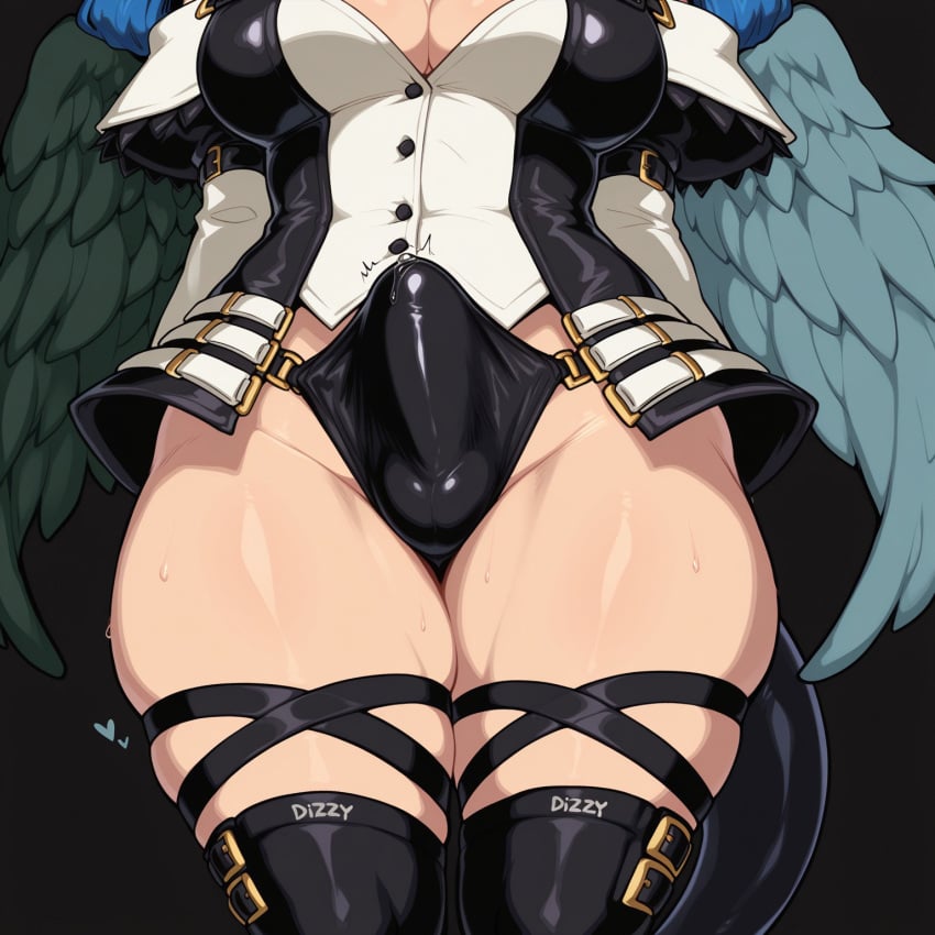 1futa 2d ai_generated arc_system_works balls black_background blue_hair breasts bulge bulge_through_clothing civitai cleavage clothed covered_penis crotch_focus crotch_shot dizzy_(guilty_gear) futanari guilty_gear hands_behind_back heart lower_body medium_breasts multicolored_wings name_on_clothing penis penis_bulge precum precum_drip self_upload simple_background solo standing sweat tail thick_thighs thighhighs thighs throbbing throbbing_bulge throbbing_penis underwear wings