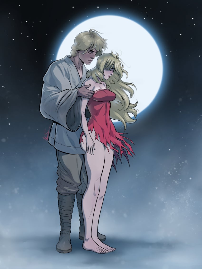 barefoot blonde_female blonde_male blowing_wind hands_on_shoulders luke_skywalker mary_(star_wars_(marvel_1977)) moon night_sky red_dress shorter_female star_wars_(marvel_1977) star_wars_legends starry_background taller_male torn_dress triplexmile