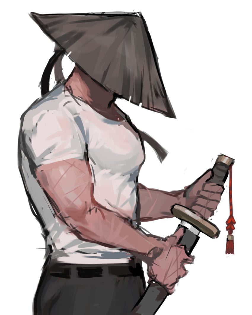 1boy alternate_outfit bamboo-hatted_kim_(library_of_ruina) bamboo_hat black_hair casual compression_shirt hidden_eyes hidden_face holding_sword jeans library_of_ruina morchkins muscular obscured_face pecs project_moon scarred scarred_arms scars side_view sword tagme white_shirt