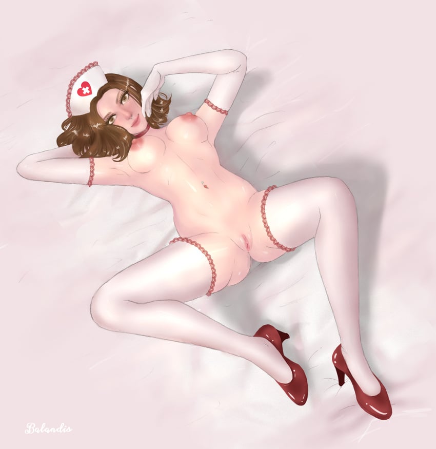 1girls balandis-meow brown_hair elbow_gloves female female_only gloves hairless_pussy long_gloves nurse nurse_cap png stockings thighhighs