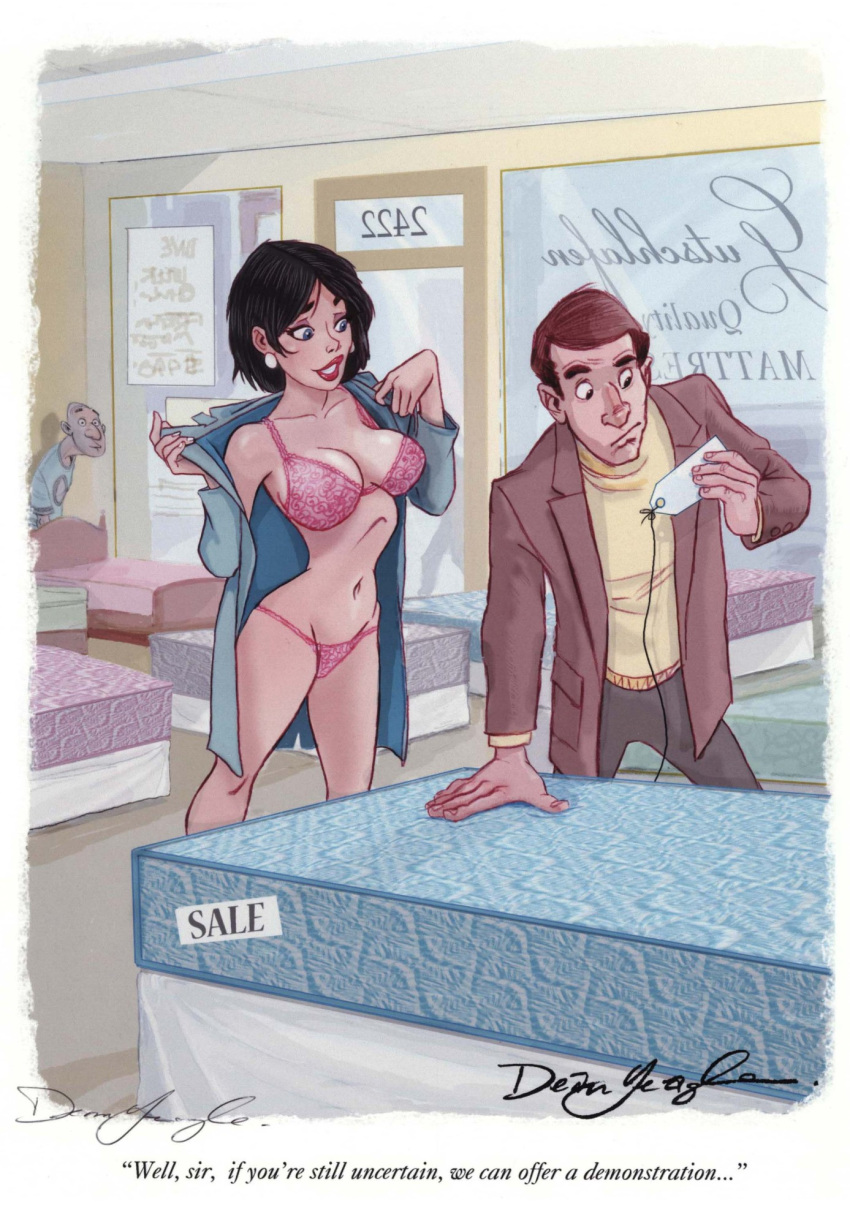 1man 1woman 2d black_hair bra comic_panel dean_yeagle english_text pink_bra pink_panties sale saleswoman short_hair striped