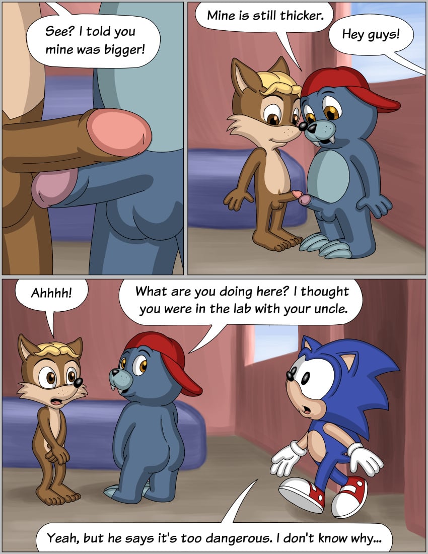 absurd_res antoine_d'coolette archie_comics bed border clothing comic comparing dialogue english_text eulipotyphlan furniture genitals grey_border hat headgear headwear hedgehog hi_res male male_only mammal marine nude omatic penis pinniped rotor_the_walrus sega sonic_(series) sonic_the_hedgehog sonic_the_hedgehog_(archie) sonic_the_hedgehog_(comics) sonic_the_hedgehog_(satam) sonic_the_hedgehog_(series) text walrus