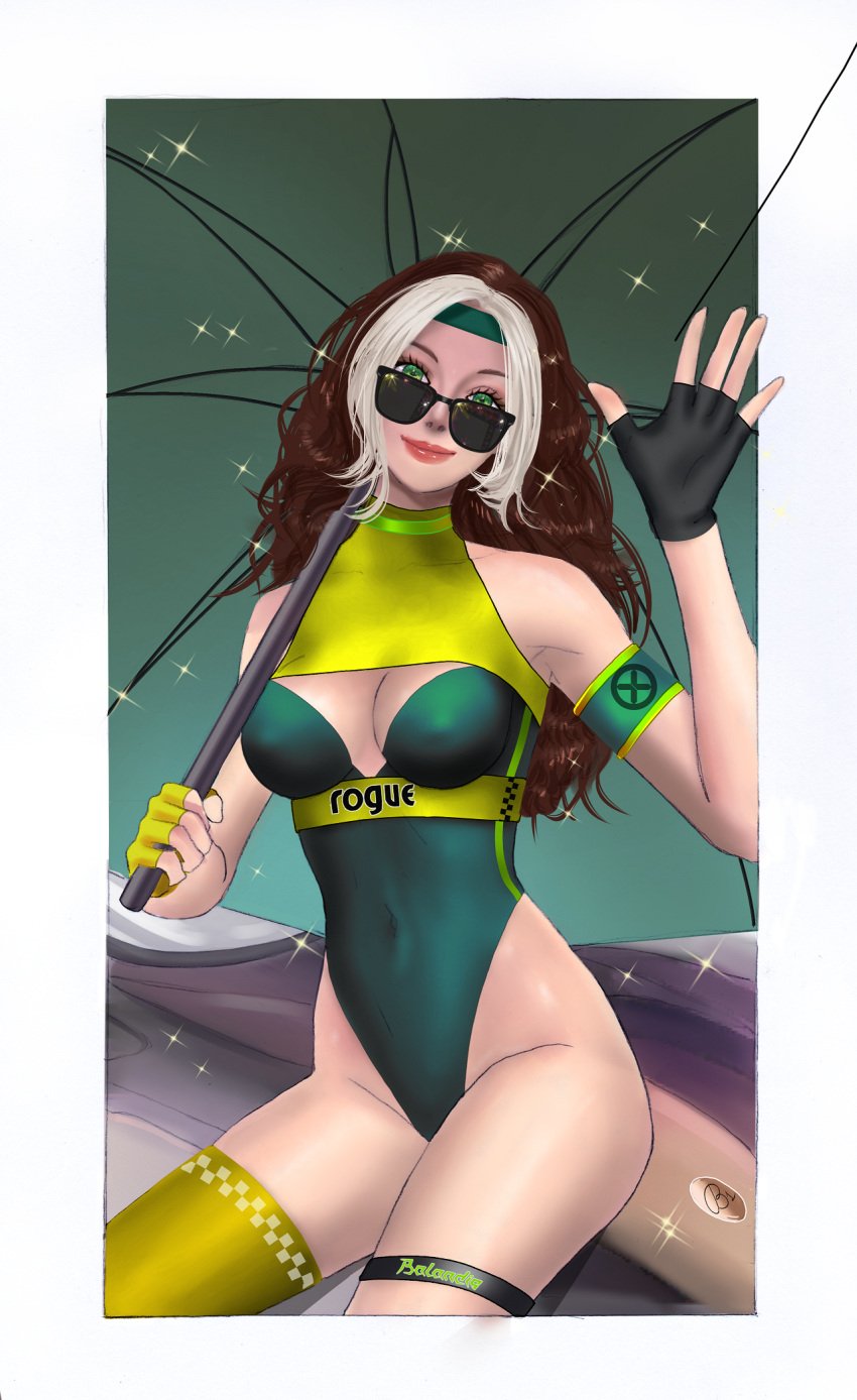 1girls balandis-meow brown_hair cleavage cleavage_cutout female female_only fingerless_gloves fully_clothed gloves green_eyes looking_over_eyewear looking_over_sunglasses png race_queen revealing_clothes rogue_(x-men) sunglasses tight_clothing tinted_eyewear umbrella white_hair