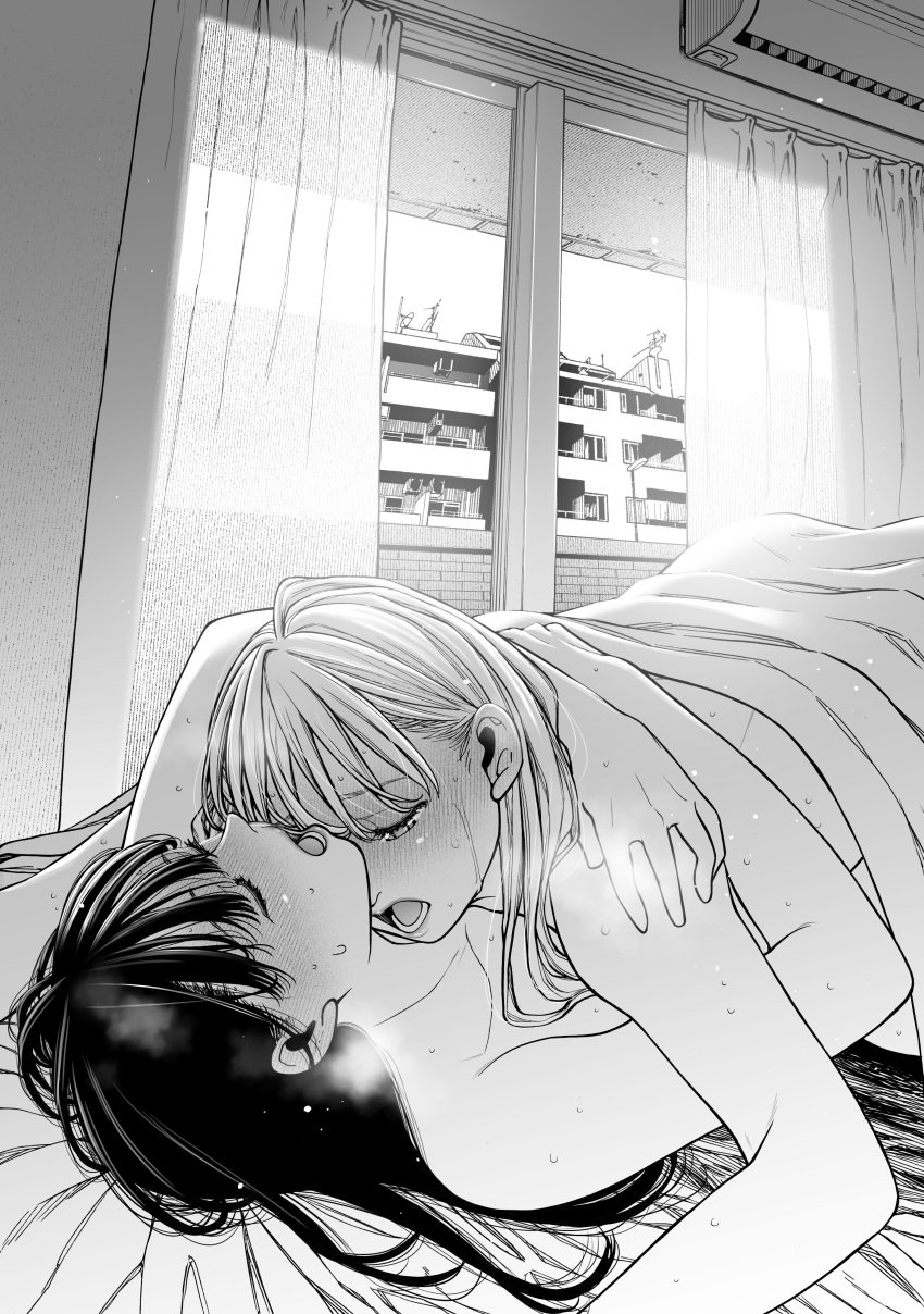 2girls after_sex blanket blush closed_eyes hi_res highres hugging lesbian_couple mika_(nanatsu_fuji) monochrome nanatsu_fuji on_bed open_mouth original_character original_characters shiori_(nanatsu_fuji) tagme under_blanket yuri