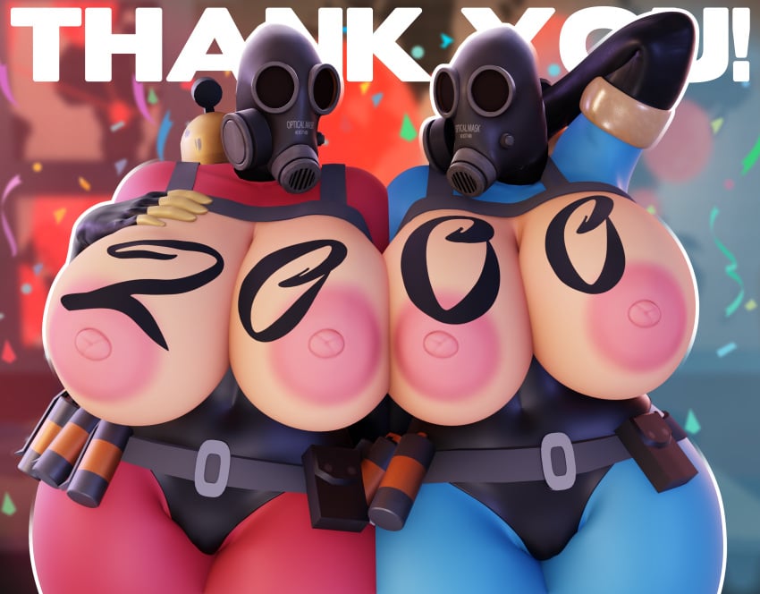 2girls big_breasts breast_squish breasts breasts_bigger_than_head breasts_out breasts_squeezed_together clothed clothing crypti1d female female_focus female_only fempyro follower_celebration gloves hi_res highres huge_breasts mask masked masked_female milestone_celebration nipples no_bra pyro self_upload showing_breasts showing_off squeezing_breast standing team_fortress_2 text tf2 thick_thighs thighs writing_on_body writing_on_breasts