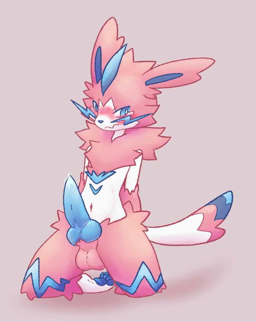 anthro balls belly big_penis blue_body blue_eyes blue_fur blue_penis blush blush_lines bodily_fluids bondage bondage bound eeveelution felid fur fur_tuft fusion generation_6_pokemon generation_7_pokemon genital_fluids genitals grumpy hands_behind_back harness hi_res kazeeame kneeling kneeling_on_ground knot knotted_penis leaking_precum legendary_pokemon male mammal nintendo pawpads paws penis pink_balls pink_body pink_fur pokemon pokemon_(species) pokemon_fusion precum pupils restraints rope rope_bondage rope_harness solo sylveon tail thick_thighs tuft white_body white_fur white_pupils zeraora