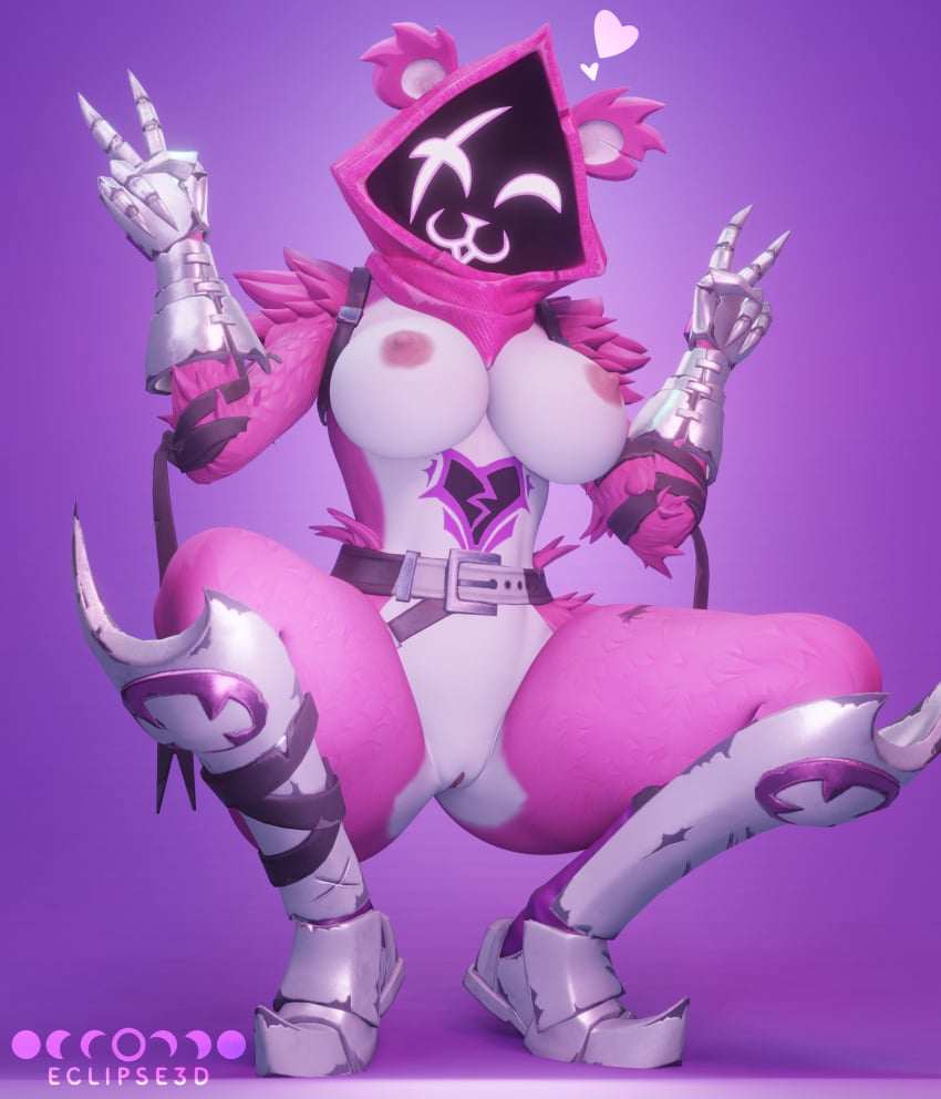 3d 3d_(artwork) 3d_model 3d_render :3 anthro bear_girl breasts breasts_out eclipse3d fortnite fortnite:_battle_royale furry furry_female furry_only kneeling legs_open legs_spread naked naked_female peace_sign pink_fur raven_team_leader video_game video_game_character video_games