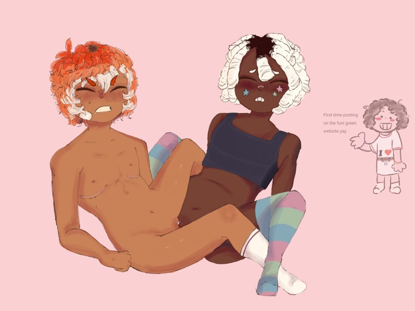 2boys 2cuntboys binder binder_(clothing) cosmo_(dandy's_world) dandy's_world dark_skin gay high_thighs mastectomy_scar pussy scissoring shrimpo_(dandy's_world) socks tan_skin