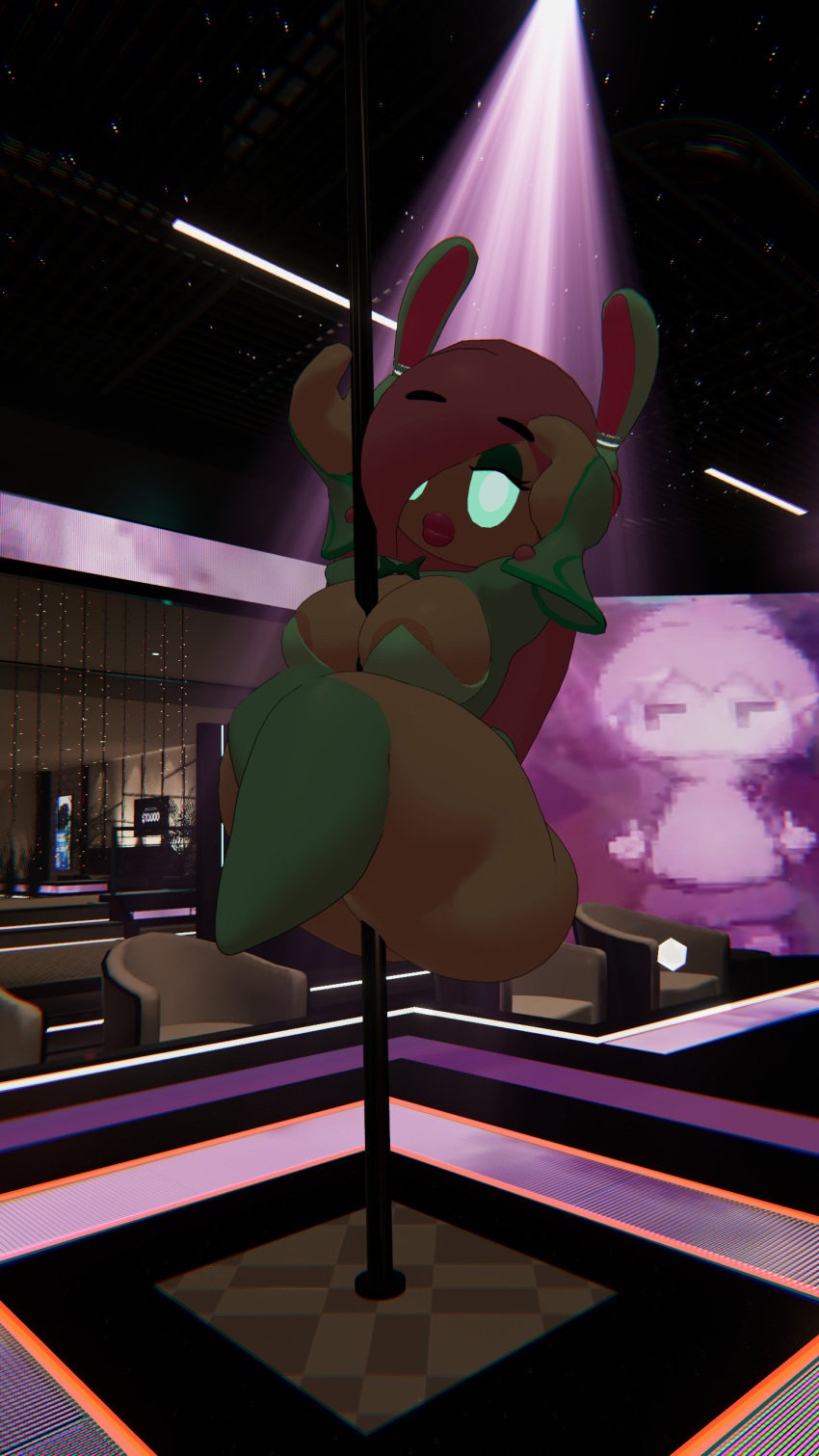 ass_bigger_than_head big big_breasts bimbo_lips bowtie bunny_ears cyan_clothing disembodied_hands looking_at_viewer nipple_peek pink_hair pink_lipstick pole_between_breasts pole_dancing puffy_lips sitting_on_pole stockings susie_(kirby) vrchat vrchat_avatar