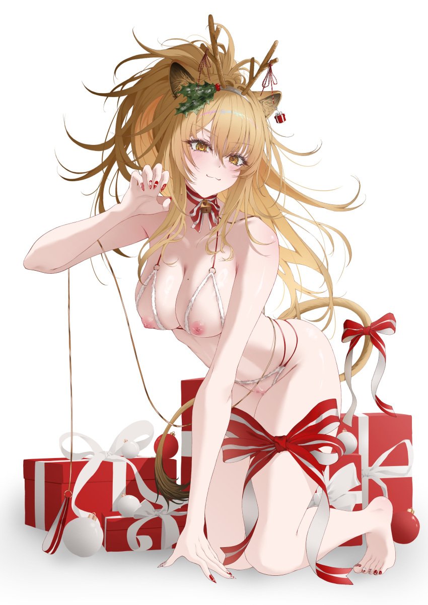 absurdres alternate_costume animal_ears arknights bare_shoulders barefoot bikini blonde_hair box breasts censored christmas_present closed_mouth dlnk fake_antlers feet female gift gift_box hashtag-only_commentary highres leg_ribbon legs lion_ears lion_girl lion_tail mosaic_censoring nipple_cutout nipples open_mouth paw_pose pussy_cutout ribbon santa_bikini seiza siege_(arknights) simple_background sitting smile solo stomach swimsuit tail toes white_background yellow_eyes