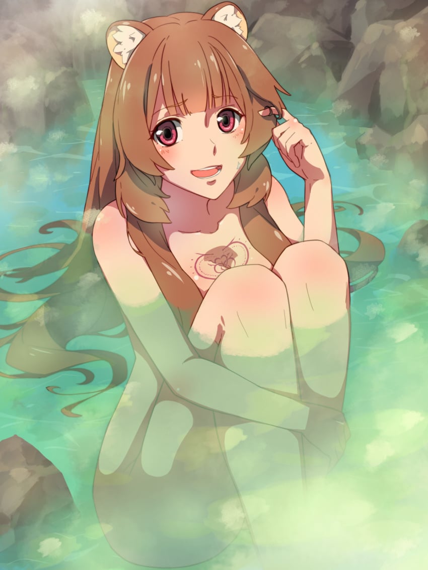 1girls animal_ears animal_humanoid bangs blush brown_hair chest_tattoo chiharu_(9654784) female female_only hot_spring knees_on_chest knees_up long_hair looking_at_viewer nude partially_submerged pink_eyes playing_with_hair raccoon raccoon_ears raphtalia slave slave_crest solo steam tate_no_yuusha_no_nariagari tattoo very_long_hair water