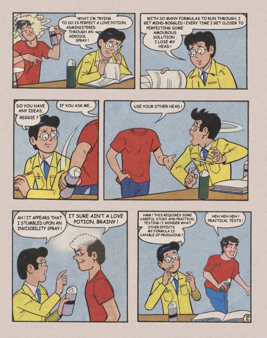 2boys archie_comics black_hair dilton_doiley glasses invisible_head labcoat open_book pencil reggie_mantle shocked shocked_expression spray_can spraying tagme