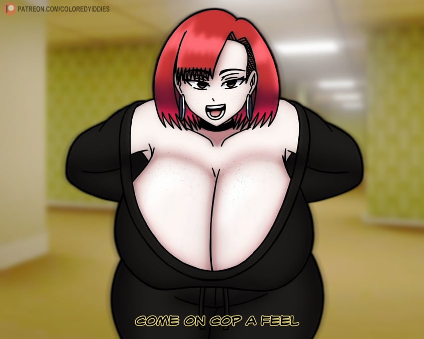 annoyed backrooms black_hair chubby coloredyiddies leaning_forward lei_(coloredyiddies) massive_breasts original_character presenting presenting_breasts red_eyes sports_bra yoga_pants