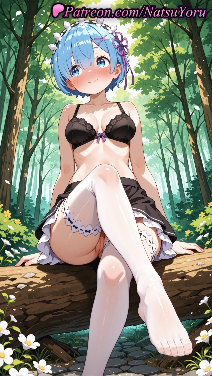 1girls 2025 ai ai_assisted ai_generated anime anime_style asian bangs bare_arms bare_shoulders black_bra black_panties black_skirt blue_eyes blue_hair blush bow_bra bra breasts bust busty cleavage cleft_of_venus closed_mouth collarbone crossed_legs day feet female female_focus female_only flower flower_knot flowers foot_fetish foot_out_of_frame forest frilled_bra frilled_skirt frills from_below hair_between_eyes hair_ornament hair_over_one_eye hair_ribbon hairband hentai hi_res high_quality high_resolution highres legs lingerie lolita_hairband looking_at_viewer looking_away looking_to_the_side maid maid_headdress medium_breasts miniskirt natsuyoru nature no_panties no_shirt no_shoes nopan outdoors pale_skin panties patreon pink_ribbon purple_ribbon pussy re:zero_kara_hajimeru_isekai_seikatsu rem_(re:zero) ribbon ribbon-trimmed_legwear short_hair sitting skirt smile solo solo_female stable_diffusion thighhighs thighs toenails toes tree uncensored underwear upskirt vagina voluptuous voluptuous_female white_flower white_legwear white_thighhighs x_hair_ornament