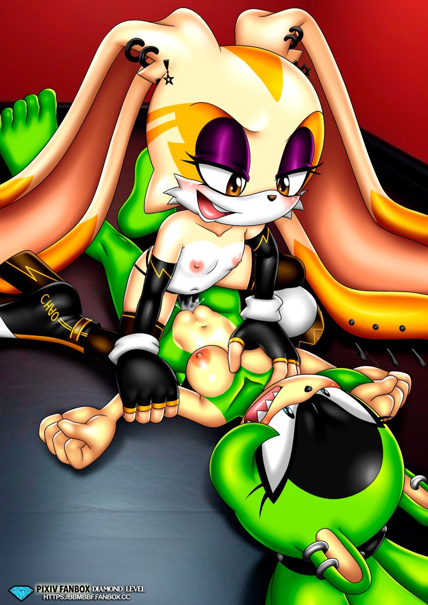 2girls anthro barefoot bbmbbf blush breasts cream_the_rabbit diamond_level feet female female/female female_only mobian_(species) mobius_unleashed nipples nude open_mouth palcomix pietros_secret_club pussy pussy_juice sega sex sex_toy sharp_teeth sonic_(series) sonic_the_hedgehog_(series) strap-on surge_the_tenrec teeth tongue vaginal_penetration vaginal_sex yuri