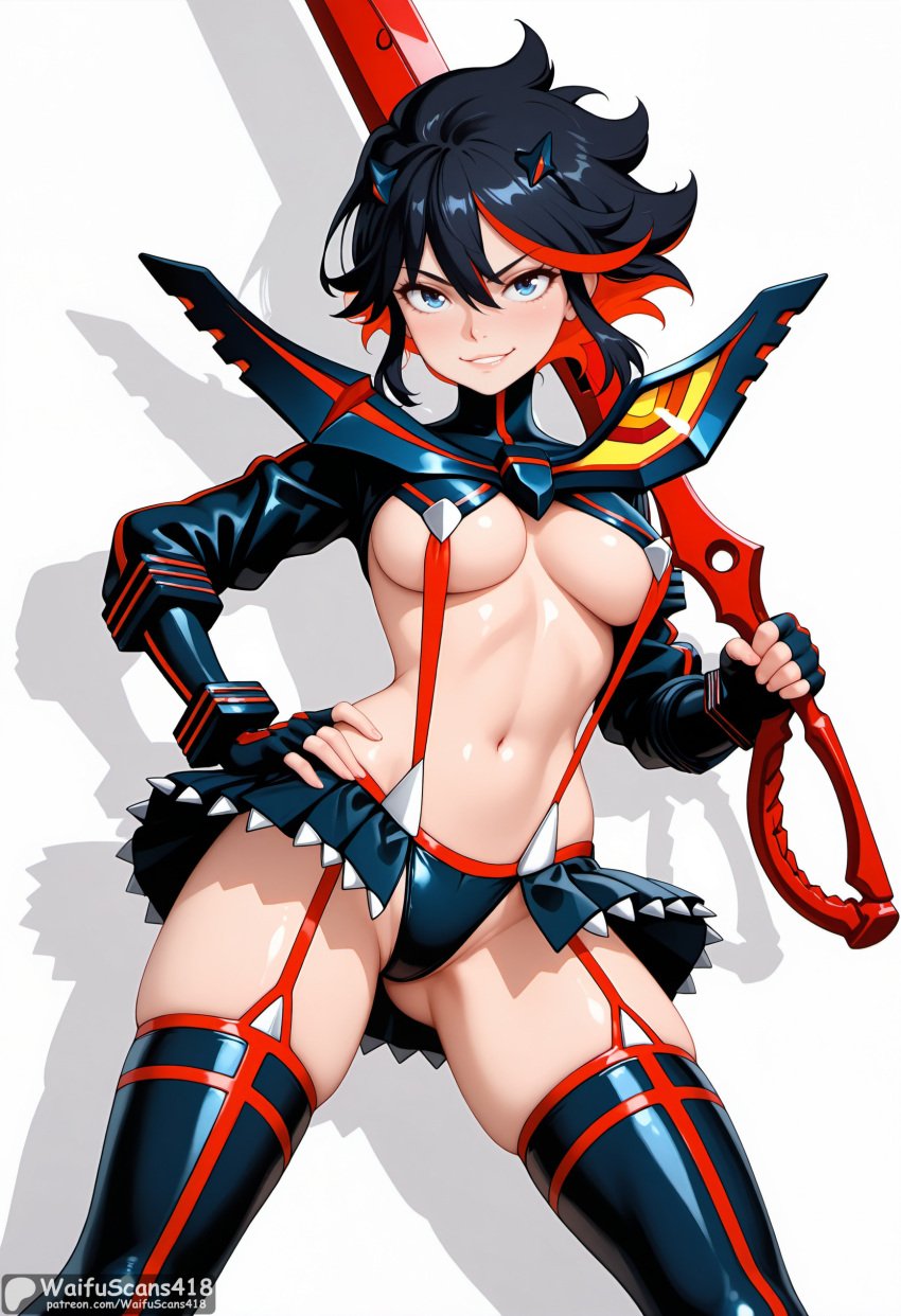 ai_generated ass_visible_through_thighs bangs black_gloves black_hair black_thighhighs blue_eyes breasts female fingerless_gloves garter_straps gloves grin hair_between_eyes hand_on_hip high_resolution highres holding holding_sword holding_weapon kill_la_kill looking_at_viewer matoi_ryuuko medium_breasts multicolored_hair navel patreon_username pleated_skirt red_hair revealing_clothes scissor_blade senketsu shiny shiny_skin short_hair simple_background skindentation skirt smile solo stable_diffusion standing stomach streaked_hair suspenders sword thighhighs thighs two-tone_hair underboob waifuscans418 weapon white_background