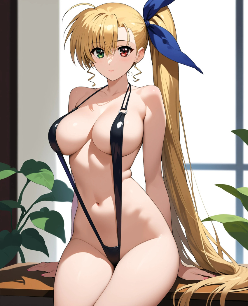 ahoge ai_generated bikini blonde_hair breasts hair heterochromia large long mahou_shoujo_lyrical_nanoha mahou_shoujo_lyrical_nanoha_strikers ponytail ribbon side sling sling_bikini thighs vivio