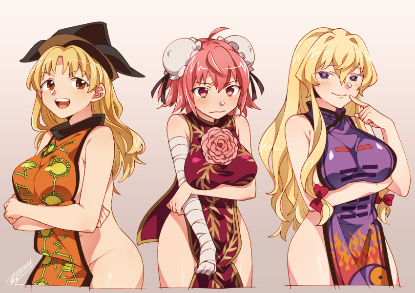 3girls big_breasts blonde_hair brown_eyes embarrassed hat kasen_ibaraki naked_tabard okina_matara pink_eyes pink_hair purple_eyes smile tabard tabard_only tabard_with_breasts_exposed touhou yukari_yakumo