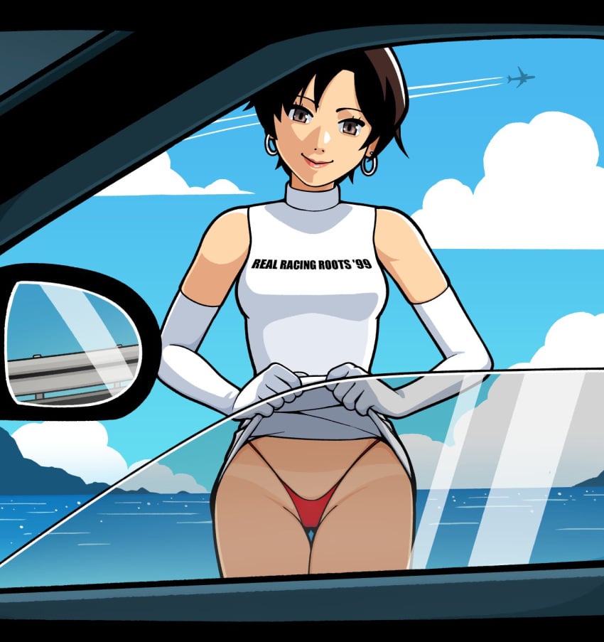 1girls female fumphole panties reiko_nagase ridge_racer showing_off tanline thong_panties