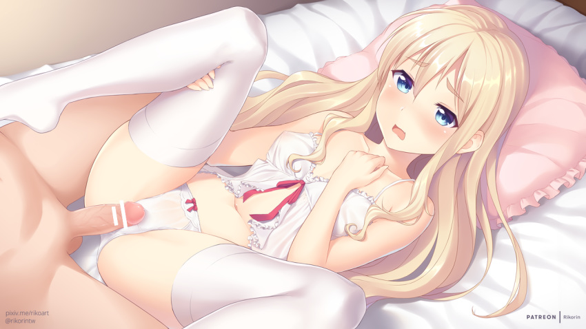 1boy artist_name babydoll bar_censor bed bed_sheet blonde_hair blue_eyes blush bow bow_panties breasts censored clothed_female_nude_male erection eyebrows_visible_through_hair female frills lingerie long_hair looking_at_viewer lying missionary navel no_shoes nude oerba_yun_fang on_back open_mouth original panties penis penis_on_pussy pillow rikorin small_breasts spread_legs straight testicles thighhighs twitter_username underwear underwear_only watermark web_address white_babydoll white_legwear white_panties