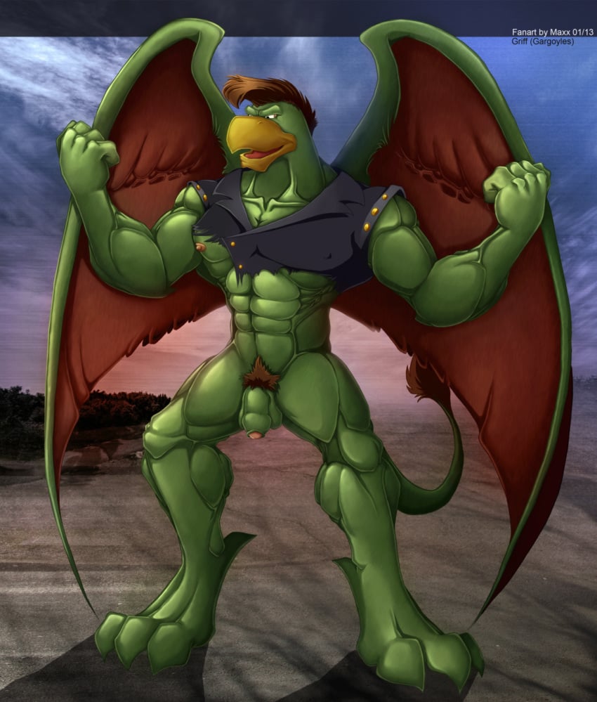 2013 abs anthro avian balls biceps brown_hair clothing disney flexing furry gargoyles griff_(gargoyles) gryphon hair jacket male male_only maxx_(artist) muscles no_humans pecs penis pose solo torn_clothing uncut wings