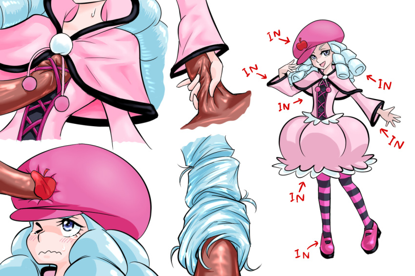 besi besi_(artist) blue_eyes blue_hair bukkake clothing cum cum_in_hair cum_on_chest cum_on_clothes dress facial hairjob handjob happinesscharge_precure! hat hosshiwa long_hair precure pretty_cure rubbing smile uncensored