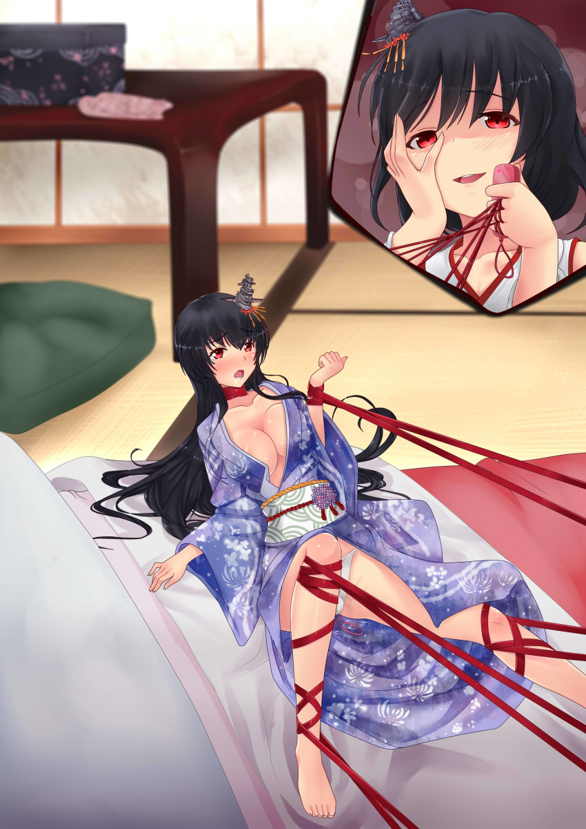 absurdres bare_legs barefoot bed black_hair blush bondage bound breasts choker collarbone eyebrows_visible_through_hair fusou_(kantai_collection) giantess hair_between_eyes highres holding indoors japanese_clothes kantai_collection kimono long_hair macro_female md5_mismatch micro_female micro_on_macro minigirl nontraditional_miko obi open_clothes open_kimono open_mouth panties red_eyes remote_control_vibrator resized ribbon ribbon_bondage sash shrinking shrunken_woman smile table toes underwear upscaled vibrator vibrator_under_panties virus-g yamashiro_(kantai_collection) yandere_trance yukata yuri