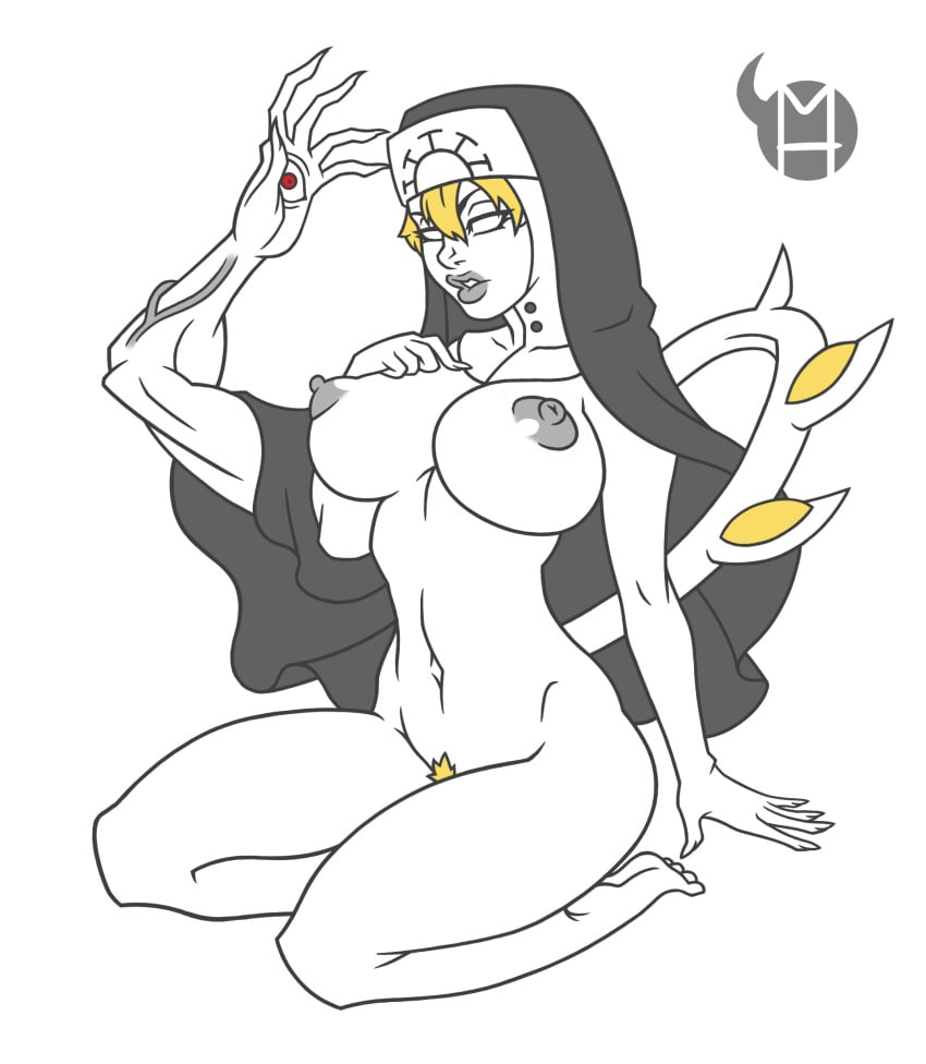 1girls big_breasts bimbo black_and_white blonde_hair breasts curvy double_(skullgirls) empty_eyes female female_only habit large_breasts long_nails milo_hornyck monster nipples nude nun nun's_habit pubic_hair red_eyes skullgirls solo thick_thighs veil white_background white_eyes wide_hips