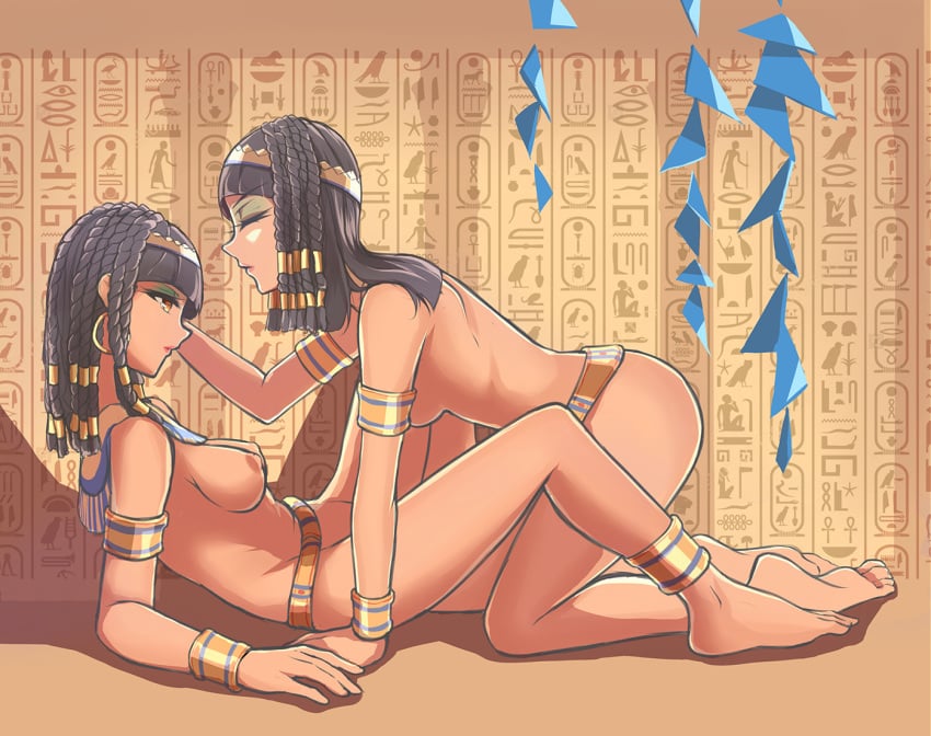 2girls all_fours anklet arm_support armlet bangs barefoot black_hair blunt_bangs breasts brown_eyes closed_eyes danny1128 dark_skin den_(kur0_yuki) detached_collar earrings egyptian hairlocs hanging_breasts headband hieroglyphics incest jewelry long_hair lying makeup medium_breasts multiple_girls nipples nude on_back original sideboob sisters smile spread_legs yuri