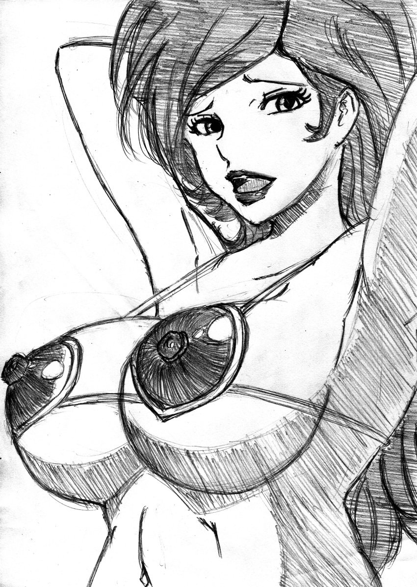 1girls 2015 big_breasts bikini bikini_top black_and_white blush breasts erect_nipple erect_nipples eyelashes female female_only front_view human large_breasts lipstick long_hair looking_at_viewer lupin_iii makeup mine_fujiko monochrome pointy_chin rough_sketch simple_background sketch solo sweat teamtgs tied_hair underboob white_background