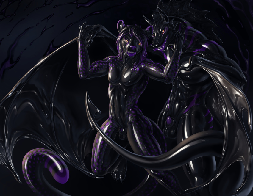 animal_genitalia balls black_wings claws dragon forked_tongue glowing glowing_eyes hair horn hybrid male male_only mekali_amayas_kaga open_mouth penis purple_tongue raak rakisha rubber sheath spread_wings tagme teeth tongue wings