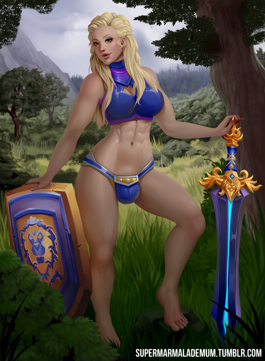 1futa abs absurdres alliance_(warcraft) alliance_dominance alliance_shield alliance_symbol ball_bulge balls balls_in_panties balls_under_clothes blizzard_entertainment blonde_hair breasts bulge cleavage flaccid futa_only futanari highres human human_warrior intersex large_breasts lion's_fang long_hair looking_at_viewer marmalademum muscular_futanari original_character panties panty_bulge penis penis_bulge penis_in_panties penis_under_clothes solo source_request stephenie_thorne warcraft warrior_(warcraft) world_of_warcraft