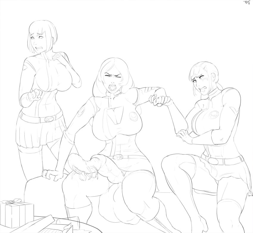 3girls abs aka6 balls birth futanari huge_breasts insects intersex monochrome muscular_female muscular_futanari naughty_face parasite penis screaming seductive sergeant_emmy starforce_(aka6) tagme thick_thighs urethral_birth wip